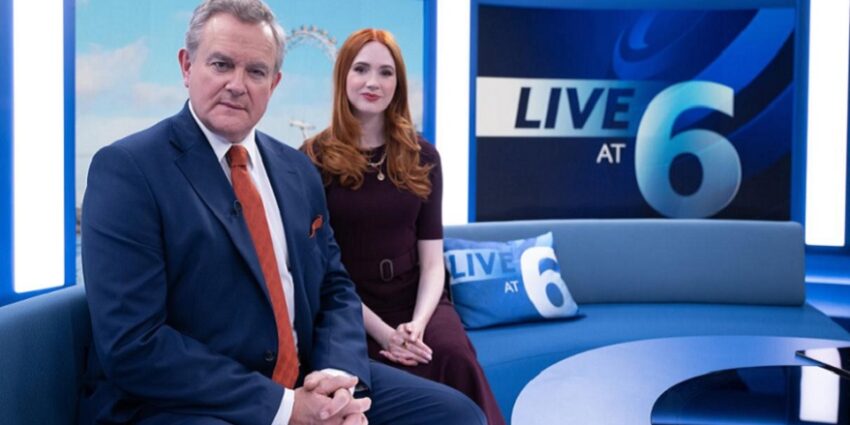 Hugh Bonneville and Karen Gillan in character on set of ITV drama Douglas Is Cancelled