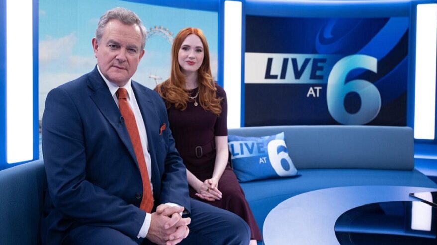 Hugh Bonneville and Karen Gillan in character on set of ITV drama Douglas Is Cancelled