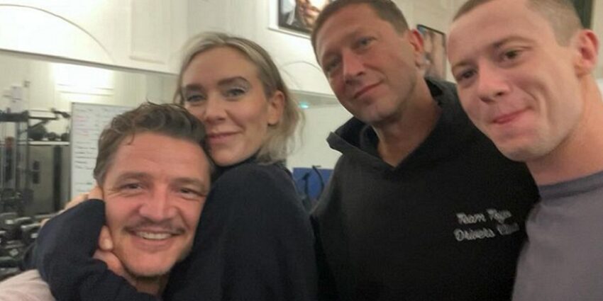 Pedro Pascal, Vanessa Kirby, Ebon Moss-Bachrach and Joseph Quinn in a group shot behind the scenes of The Fantastic Four film