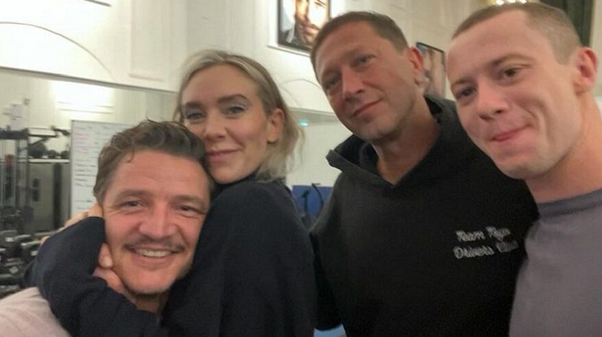 Pedro Pascal, Vanessa Kirby, Ebon Moss-Bachrach and Joseph Quinn in a group shot behind the scenes of The Fantastic Four film