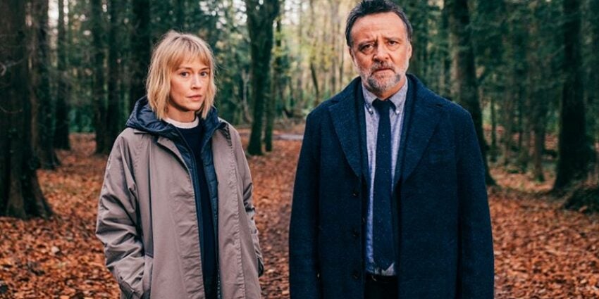 Elen Rhys and Richard Harrington in Welsh drama Cleddau, standing in a wood