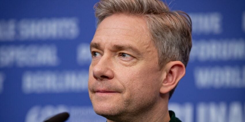 Close up of Martin Freeman against a blue background