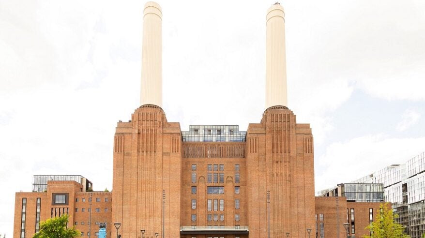 Battersea Power Station, taken looking up at the huge chimneys