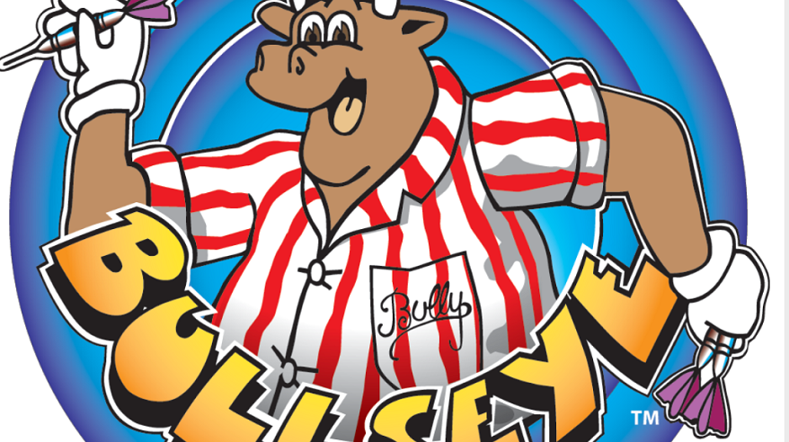 Cartoon logo of ITV game show Bullseye, with a large bull in a stripey shirt throwing a dart