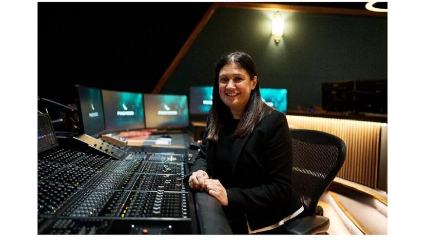 Culture secretary Lisa Nandy seated at a production desk at Pinewood Studios