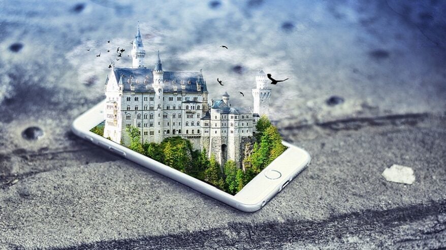 An animated castle seeming to come out of a smartphone using visual effects