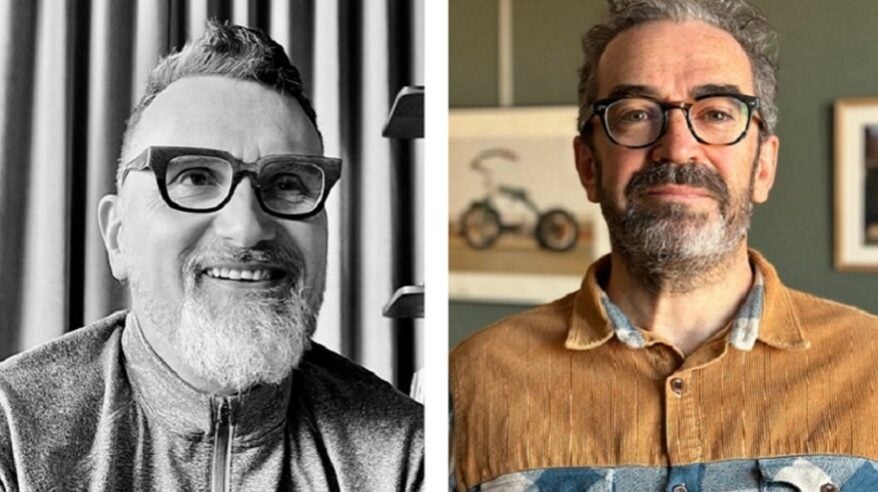 Headshots of TV comedy executives Iain Coyle (black and white) and Joe McVey