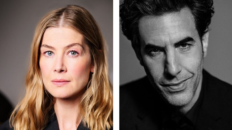 Headshots of actors Rosamund Pike and Sacha Baron Cohen