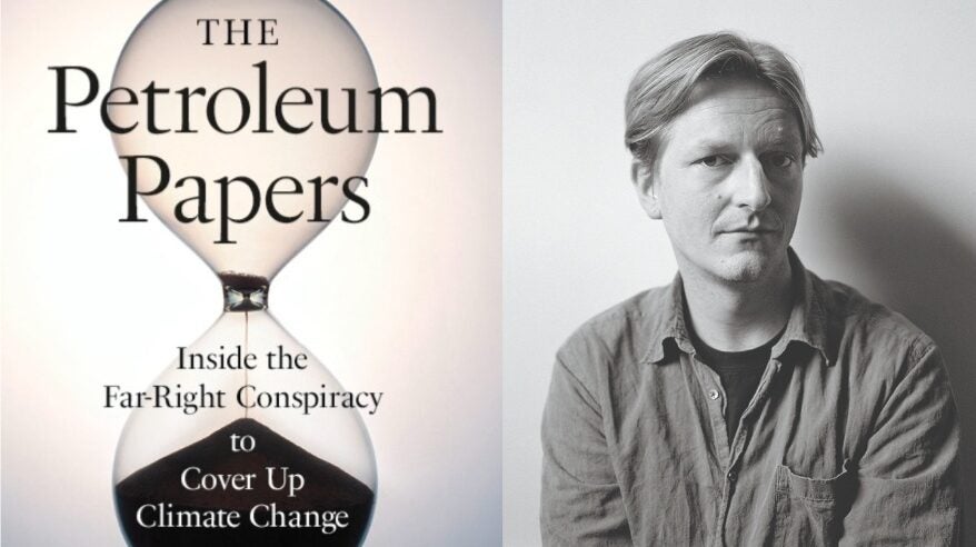 The book cover of The Petroleum Papers with a headshot of author Geoff Dembicki in black and white on the right side