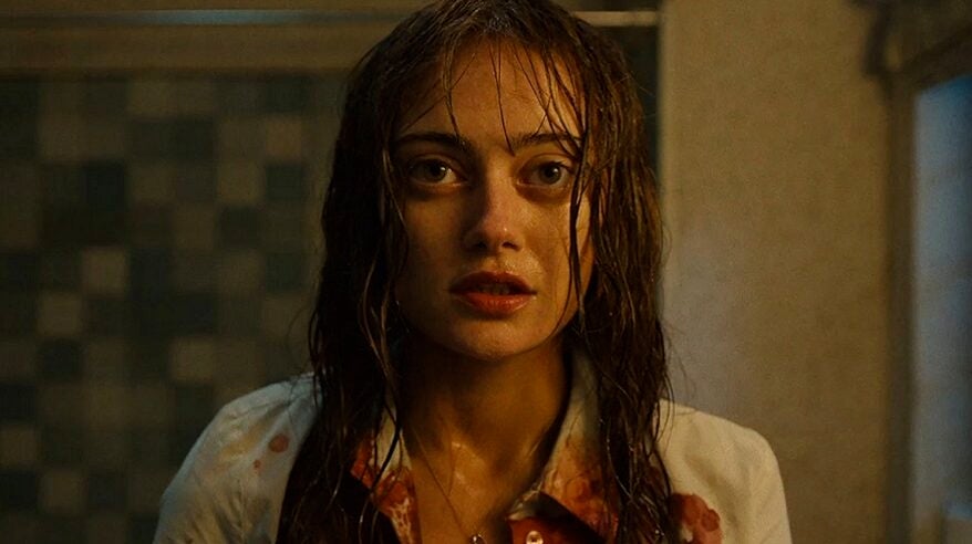 Actor Ella Purnell in Sky drama Sweetpea wearing white shirt covered in blood