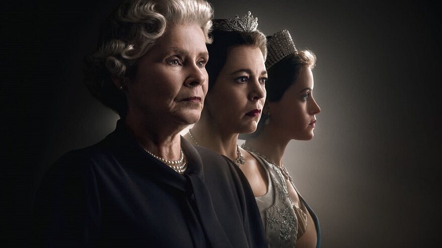 Imelda Staunton, Olivia Colman and Claire Foy all standing together and wearing crowns, in their roles as The Queen, in a stylised image for Netflix drama The Crown