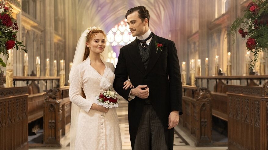 actors playing a bride and groom at the altar in period drama The Forsyte Saga