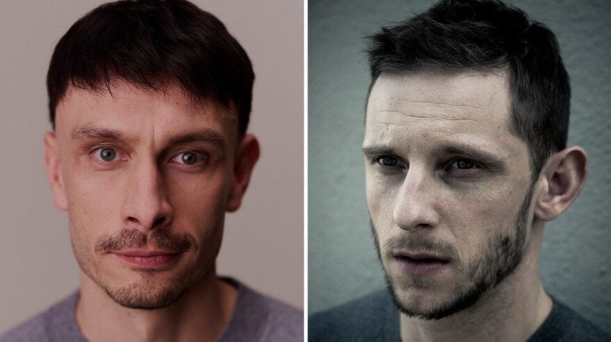 Close-up headshots of actors Richard Gadd and Jamie Bell