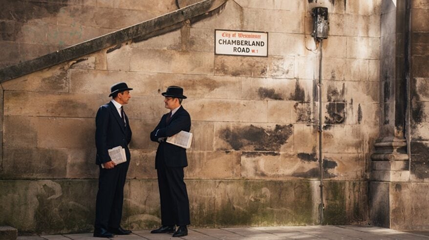 Two men in 1930s dark suis and hats stand against an old wall with a London stret sign, in BBC drama Towards Zero