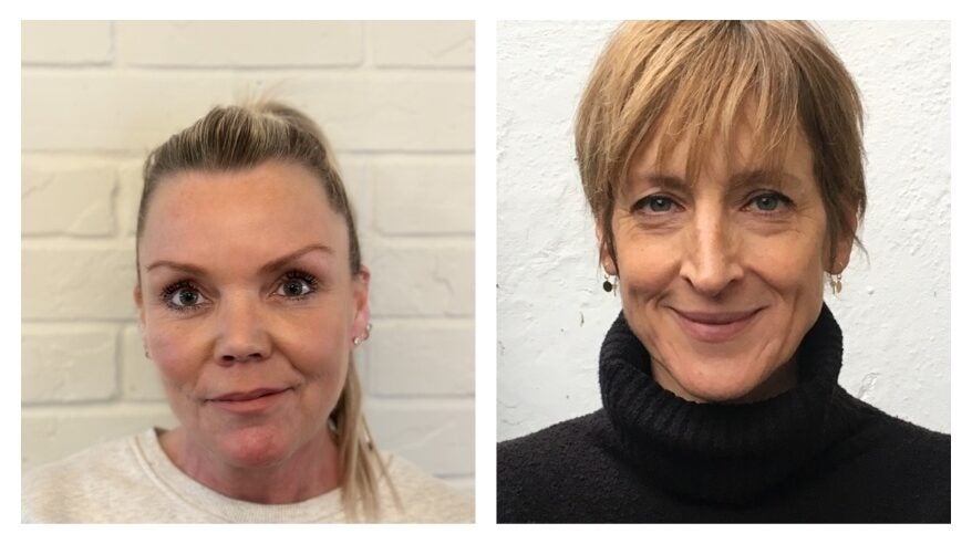 Close-up headshots of film industry experts Sarah-Jane Wright (wearing a white top) and Tori Parry (in a black polo neck)