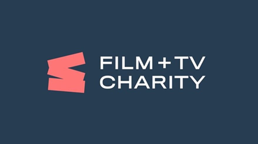 Logo for the Film and TV Charity, white lettering on navy background with pink graphic