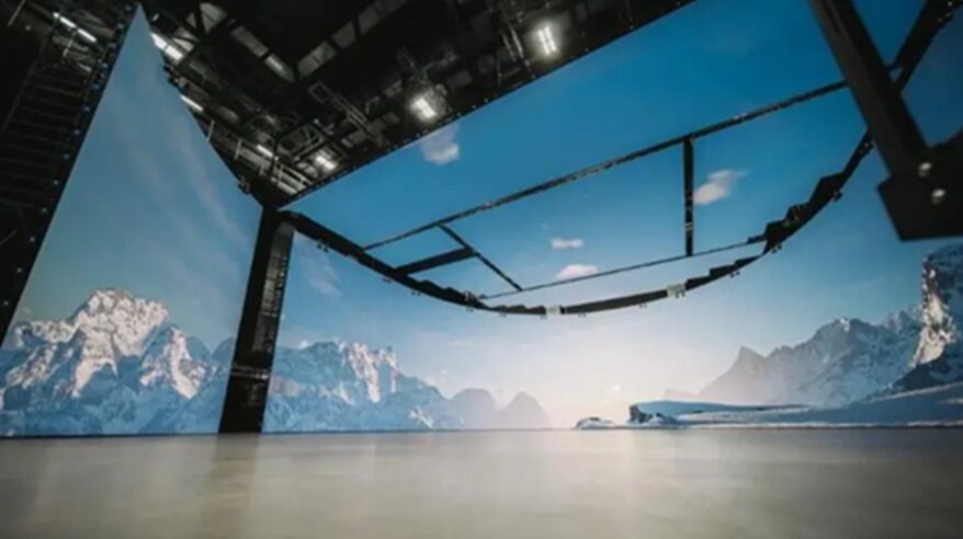 A virtual production wall with sky and clouds