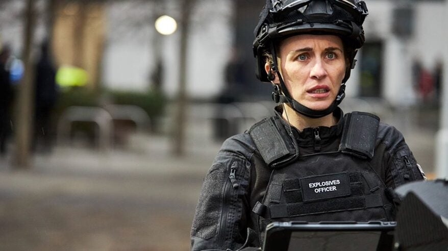 Actor Vicky McClure in ITV drama Trigger Point, wearing bomb disposal uniform and helmet