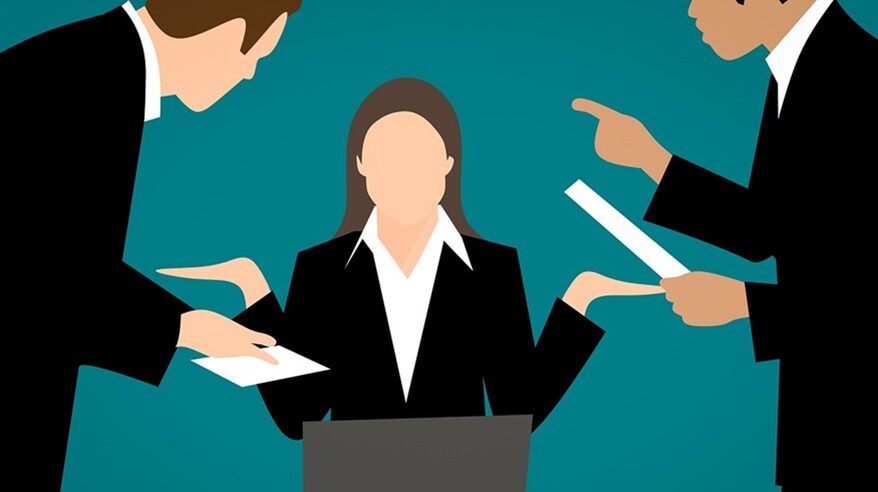 Cartoon-style graphic of woman being harangued at her desk in an office