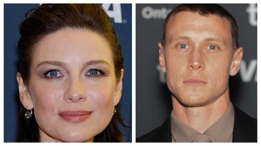 Headshots of actors Caitriona Balfe and George MacKay side by side