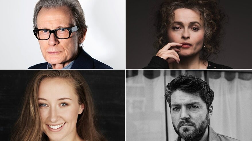 Headshots of actors Bill Nighy, Helena Bonham Carter, Erin Doherty and Tom Burke