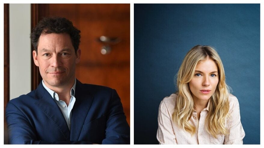 Head and shoulder shots of actors Dominic West and Sienna Miller