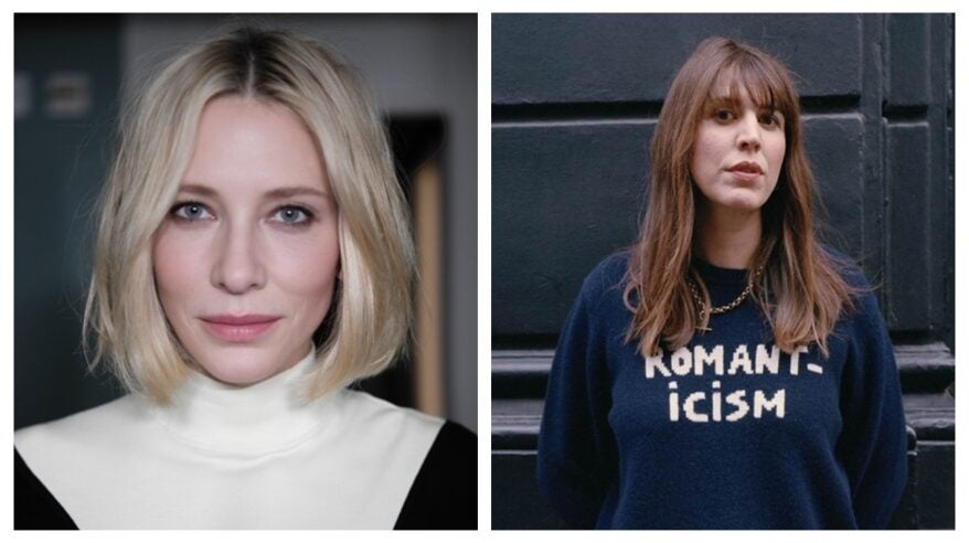 Actor Cate Blanchett in white polo neck and black jacket in a headshot next to writer/director Alice Birch, with long red hair and a navy sweater that says Romanticism on it