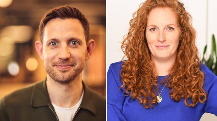 A bearded man in a dark top over white T-shirt smiles to camera with another pic of a woman with long curly red hair wearing a blue top to the right