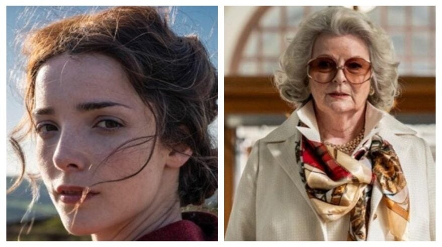 A brunette in period dress and a hair bun looks to camera with moors in background next to another pic of a woman in 1970s smart clothes, grey hair and sunglasses, from C4 drama A Woman of Substance