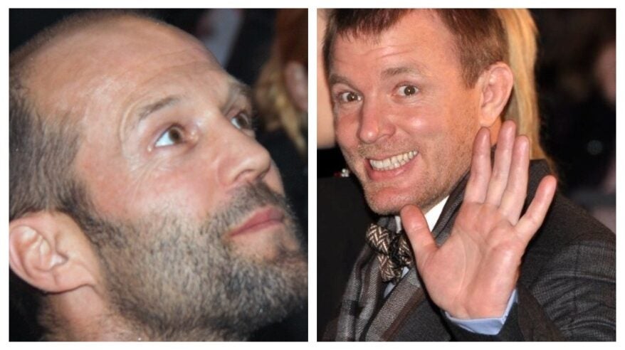 Two men in two separate closeups, one with stubble looking up and the other waving to a crowd