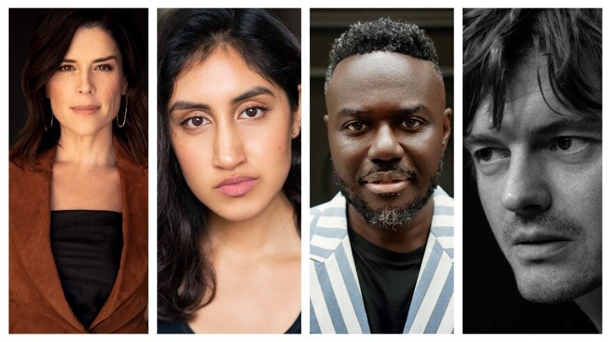 Headshots of four actors side by side - some of the cast of Black Doves Series 2