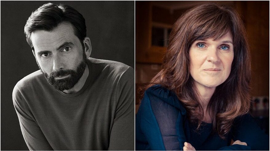 Two headshots of a man on the left in black and white; he is darn and bearded and wearing a dark sweater, with a blue-eyed woman on the right with long auburn hair and a blue chiffon top