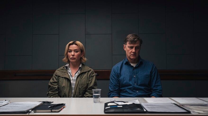 A fair-haired woman in a green jacket and checked shirt sits at a desk next to a man in a navy shirt, in a, interview room with dark walls