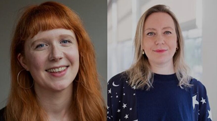 Two headshots - one of a red-haired lady smiling to camera and the other a blonde woman in a navy printed top